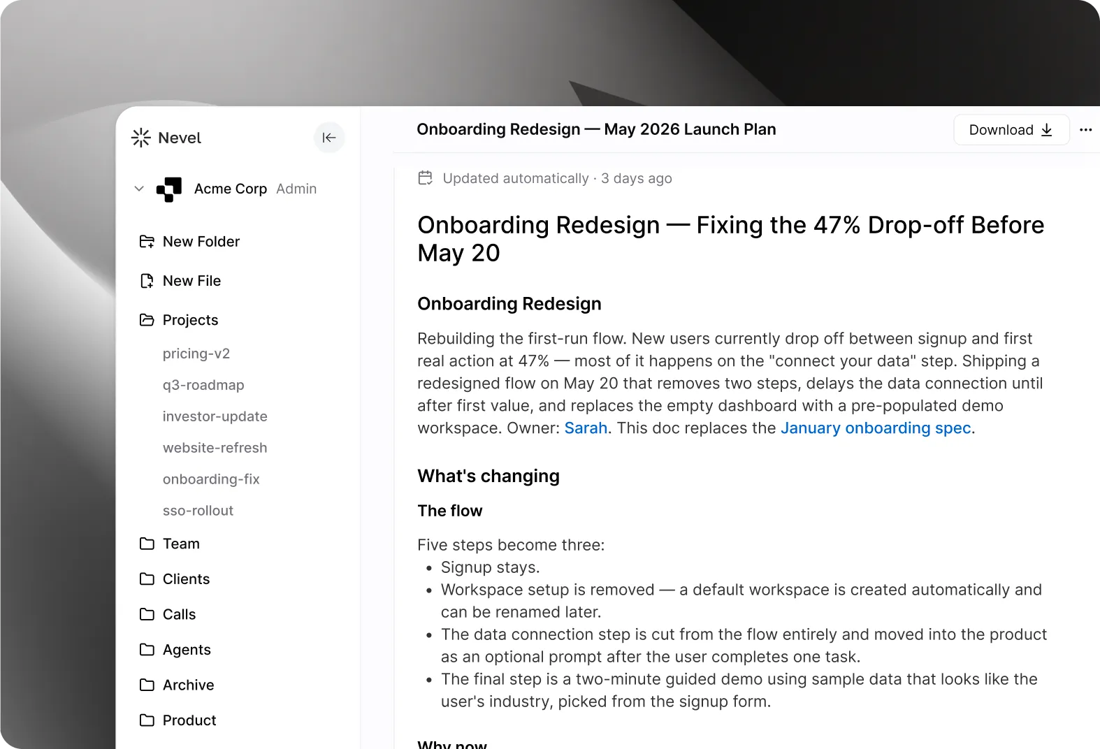 Nevel memory UI with project folders and an auto-generated document